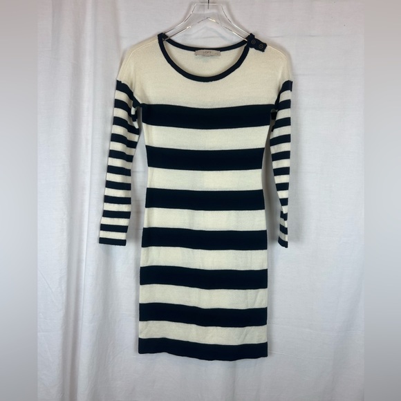 LOFT off white and navy blue color block wool blend stripe sweater dress XSP - Picture 1 of 10